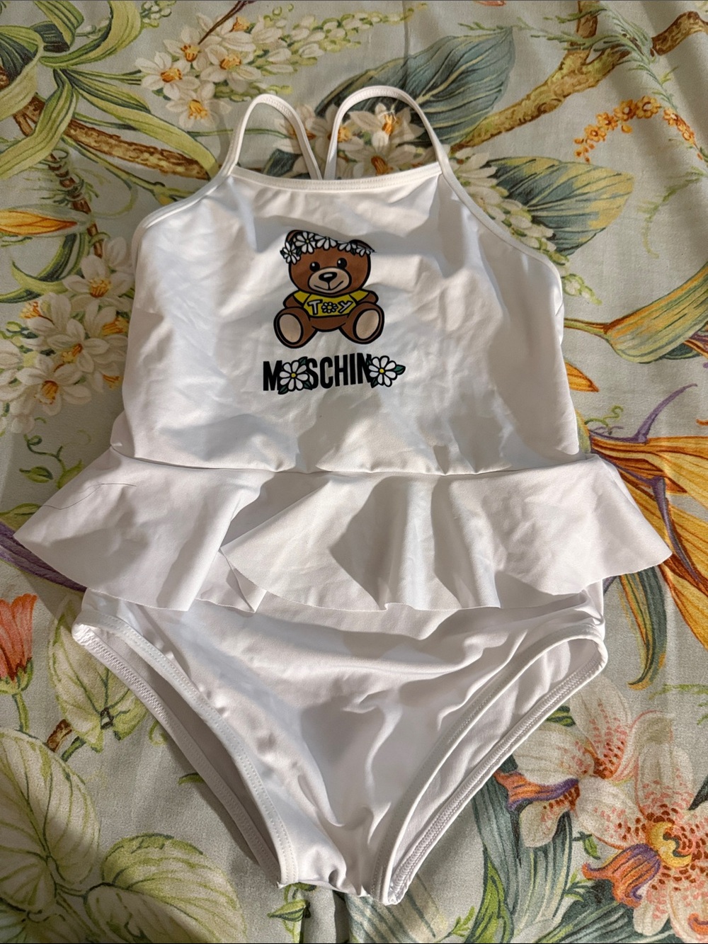 Moschino Kids White Teddy Ruffle One-Piece Swimsuit with Floral Logo